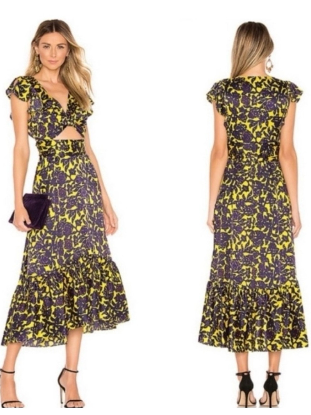 A.L.C Valencia Purple & Yellow Floral Silk Cutout Ruffle Midi Dress Sz 6